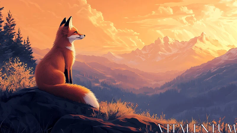 Sunlit fox observes layered alpine valley under radiant sky