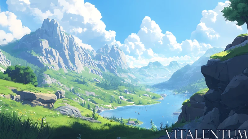 Sunlit mountain valley with river and scattered clouds.