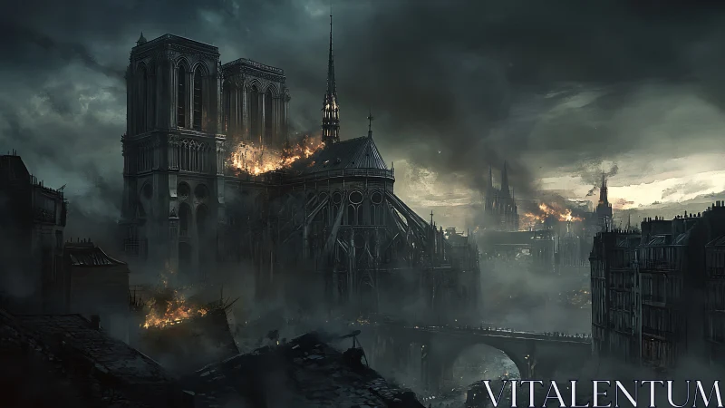 Gothic cathedral under apocalyptic urban bombardment and structural fire