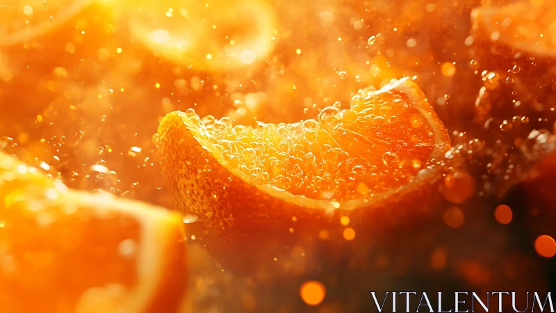 Effervescent orange slices submerged in sparkling liquid.