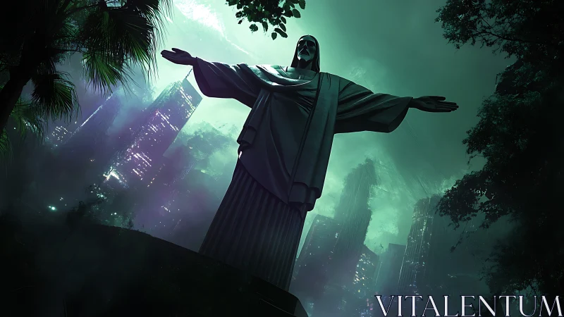 Monolithic urban statue in bioluminescent emerald haze.