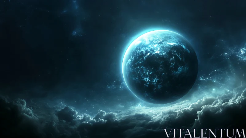 Luminous blue planet rises above stormy cosmic cloudscape