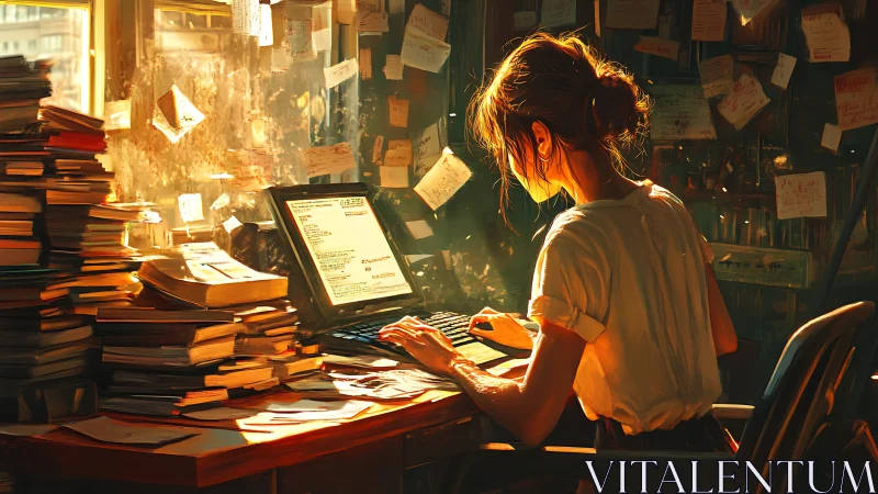 Focused writer works late in golden cluttered studio glow