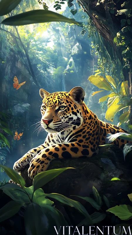 Jaguar resting on mossy rock amid glowing jungle canopy.