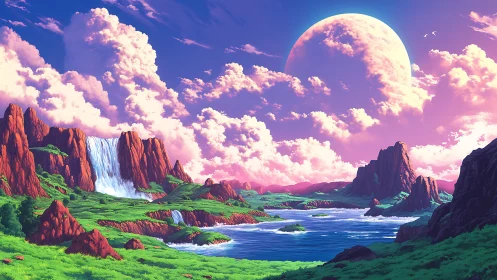 Alien waterfalls cascade under a vast pastel planet.