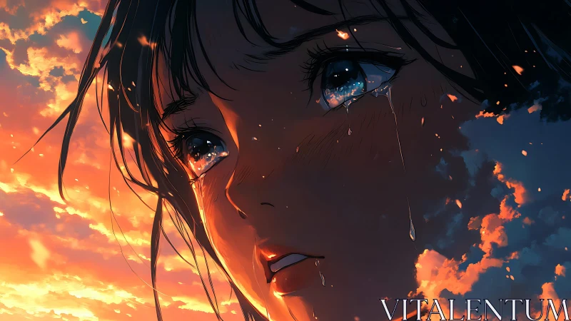 Tearful sunset gaze wrapped in glowing evening clouds.