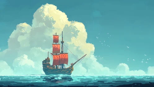 Pixel art sailing ship with red sails on calm blue sea.