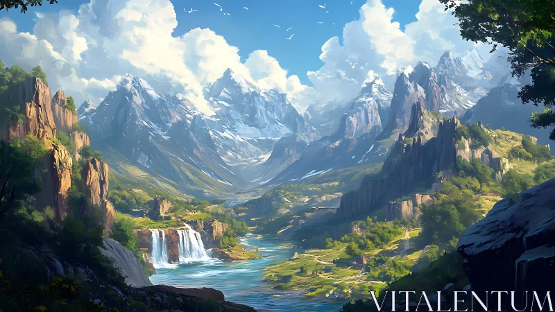 Panoramic alpine valley with glacial river, waterfalls, and stratified peaks