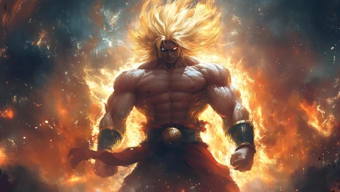 Muscular flame powered warrior stands amid explosive fire