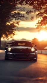 Sunlit frontal view of black sports coupe on empty roadway.
