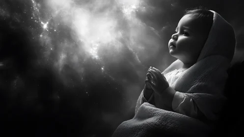 High contrast monochrome infant portrait studies cosmic nebula light