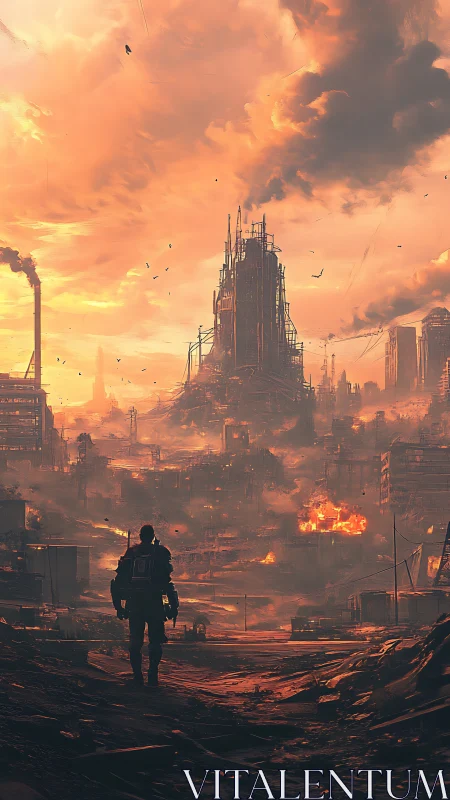 Solitary figure surveys burning dystopian industrial sprawl.
