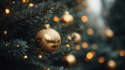 Golden Christmas bauble glowing softly on evergreen tree.