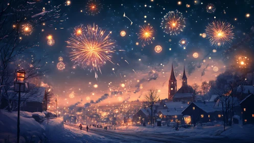 Firelit winter village sky blooming with festive fireworks.