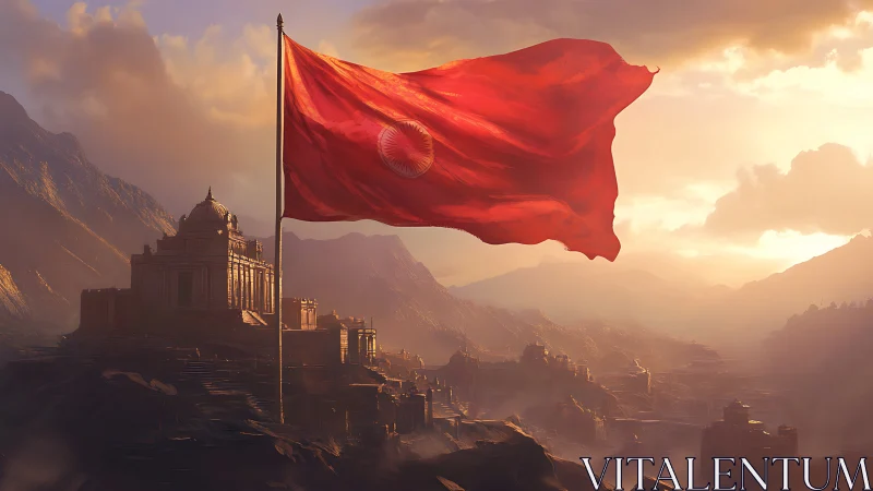 Crimson standard soaring above a sunlit mountain citadel.