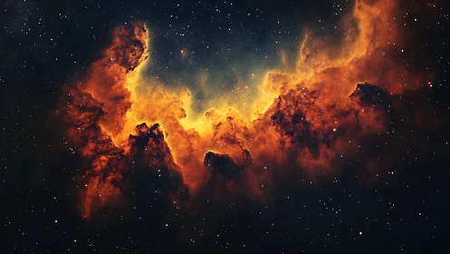 Fiery cosmic nebula glows against a deep star-filled void.