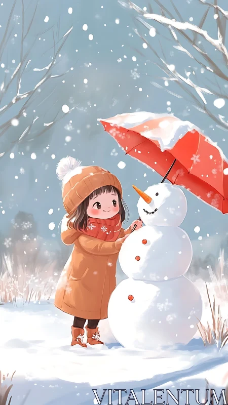 Child with snowman under umbrella in light snowfall scene.