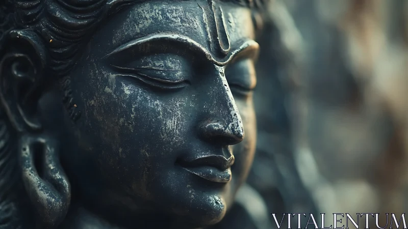 Close-up view of serene stone deity face in profile.