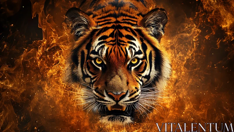 Tiger face rendered in front view with surrounding digital flames