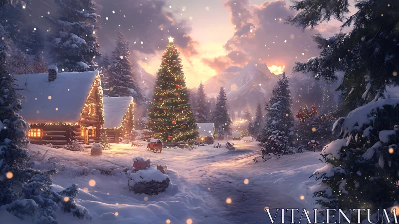 Snow-covered log cabins with decorated Christmas tree at dusk.