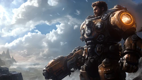 Armored space marine surveys stormlit alien mountain horizon