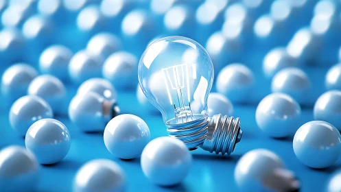 Glass light bulb lies among glossy white spheres on blue