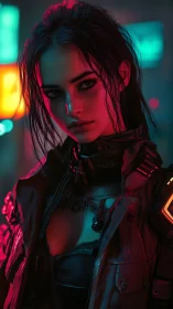 Cybernetic woman in neon-lit urban environment at night.