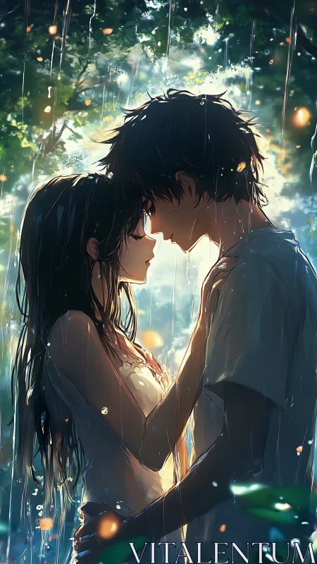 Romantic anime couple standing close together in rain.