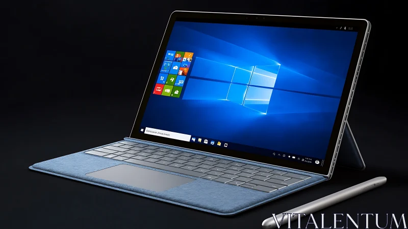 Hybrid tablet-laptop with detachable keyboard and stylus on dark background