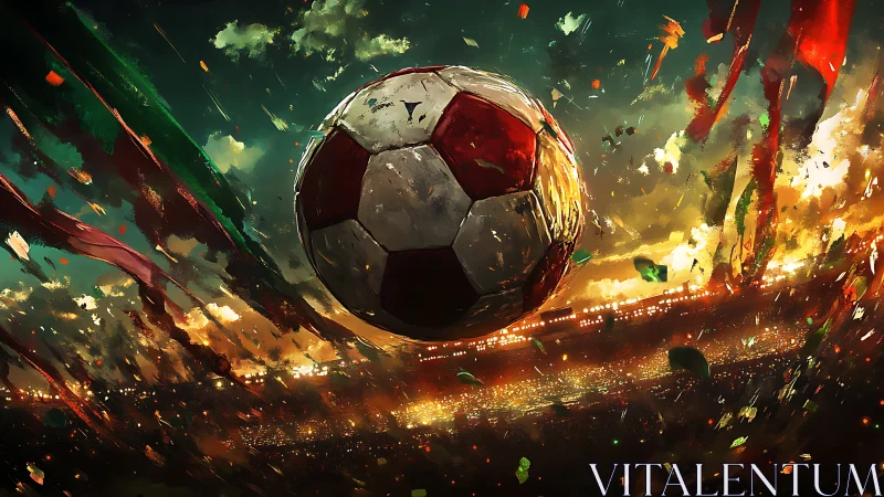 Soccer ball suspended over illuminated stadium field scene.