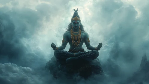 Meditating blue deity over ethereal storm clouds.