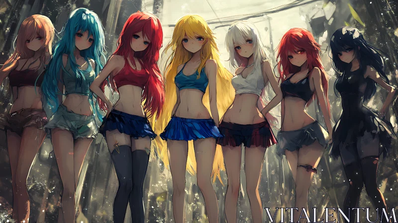 Seven anime girls stand in moody backlit urban alley