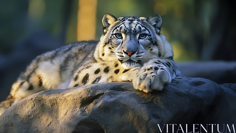 Snow leopard daydream sprawls across sunlit mountain stone.