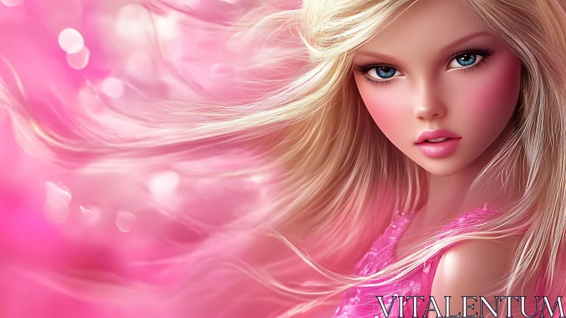 Digital portrait of blonde doll-like woman in pink setting.