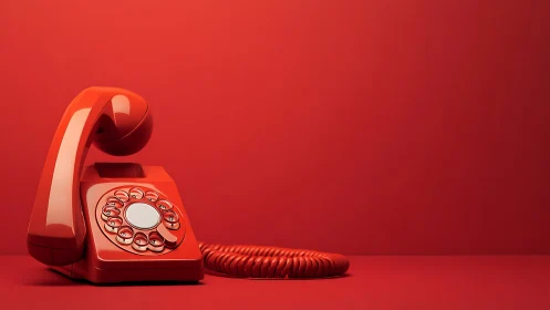 Bold red rotary telephone stands in minimalist studio space