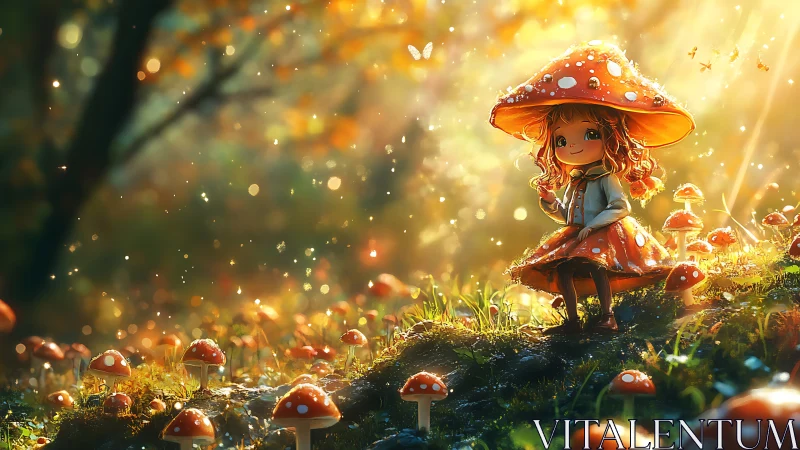 Child figure with mushroom hat in illuminated forest setting.