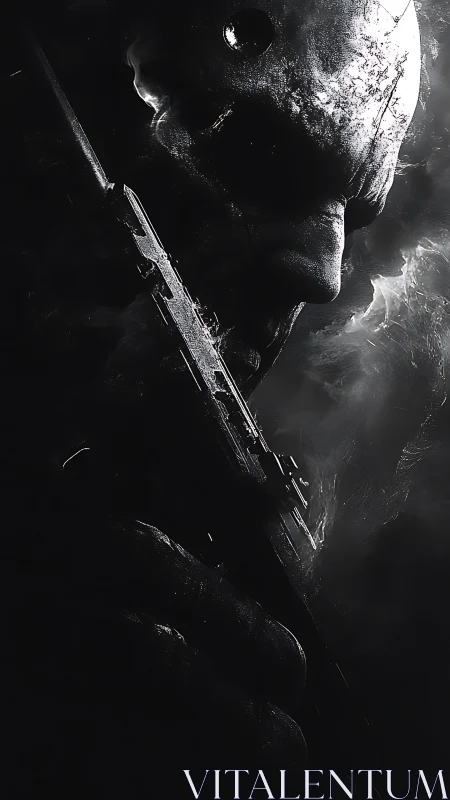 Monochrome side profile of armed figure in dense shadow.