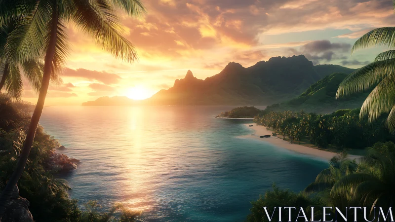 Tropical Paradise Sunset Over Mountain Bay with Palm Framing.