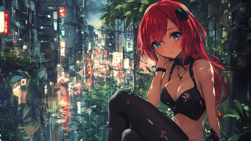 Rain-drenched neon cityscape with contemplative cyber-anime girl.