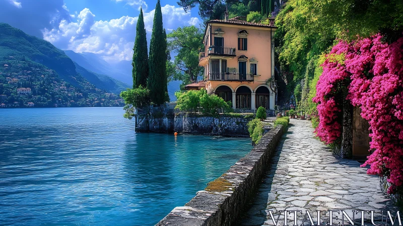 Lakeside villa with stone path, bright flowers and mountains