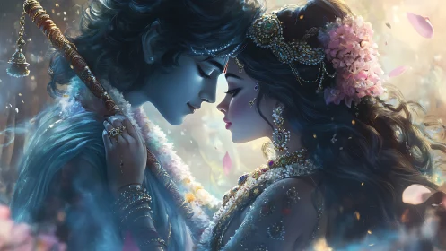 Two Ornately Dressed Figures Share Intimate Profile Exchange in Luminous Digital Fantasy