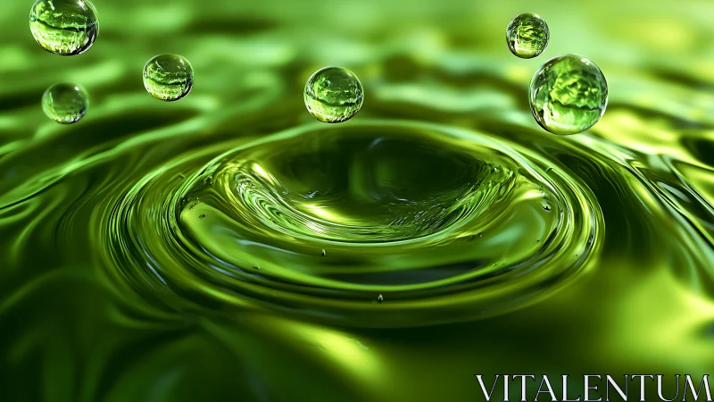 Emerald droplets ripple across glossy liquid in vivid motion