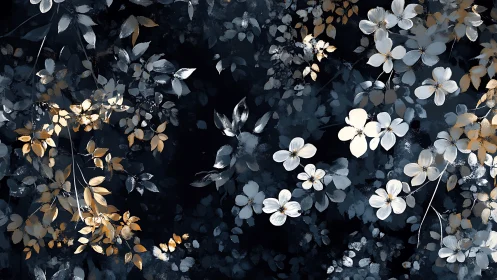 White and gold flowers rendered against dark atmospheric background