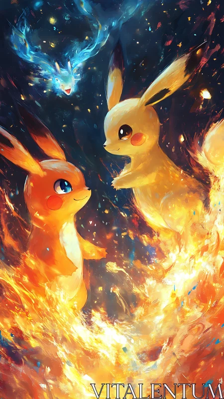 Elemental electric creatures dancing through swirling firestorm.