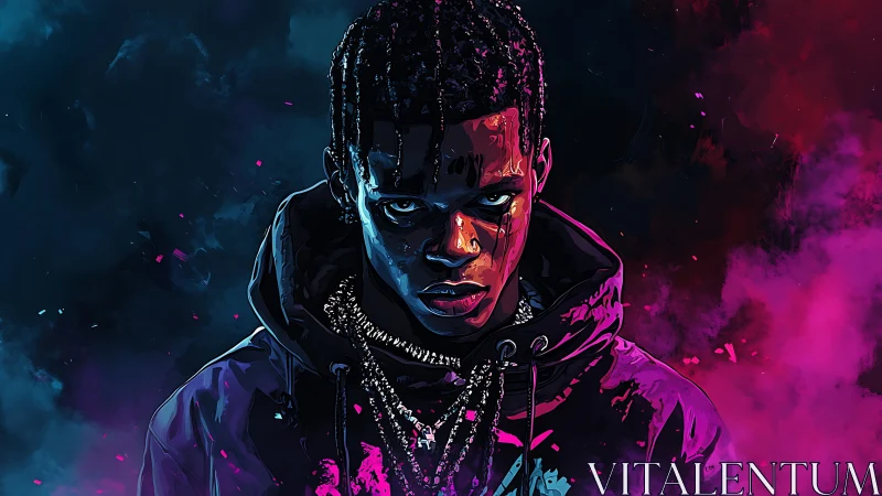 Neon-lit urban portrait with intense gaze and vapor clouds.