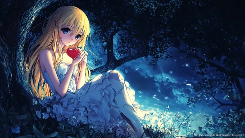 Anime nocturne tableau with girl and luminous forest framing.