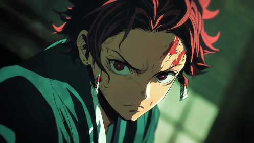 Intense red haired anime swordsman in dramatic close up