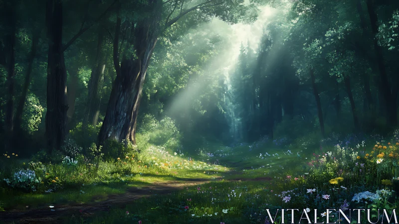 Enchanted Forest Glade with Luminous Light Rays and Wildflower Meadow