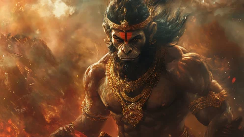 Fierce mythic warrior radiating strength and fiery devotion.