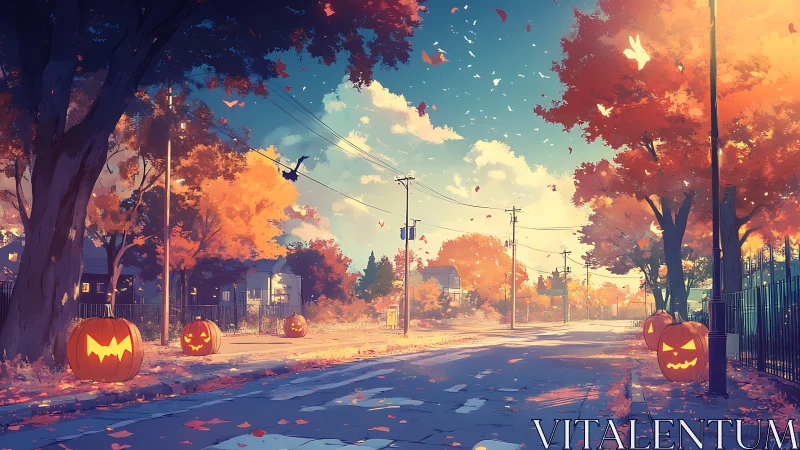 Sunlit Halloween street wrapped in cozy autumn magic.